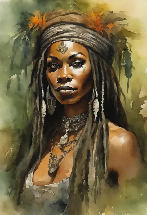 ((masterpiece:1.4, best quality:1.2)), a voodoo priestess, swamp, dreadlocks, skulls, artwork portrait, adam hughes, sexy, erotic.