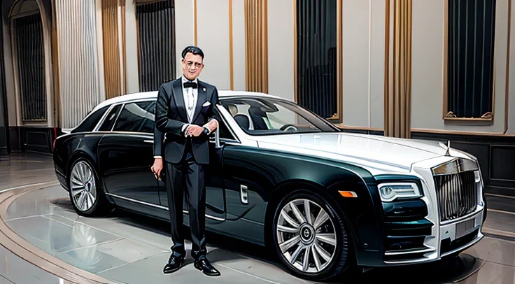 A butler-like man disembarked from an elongated luxury Rolls-Royce