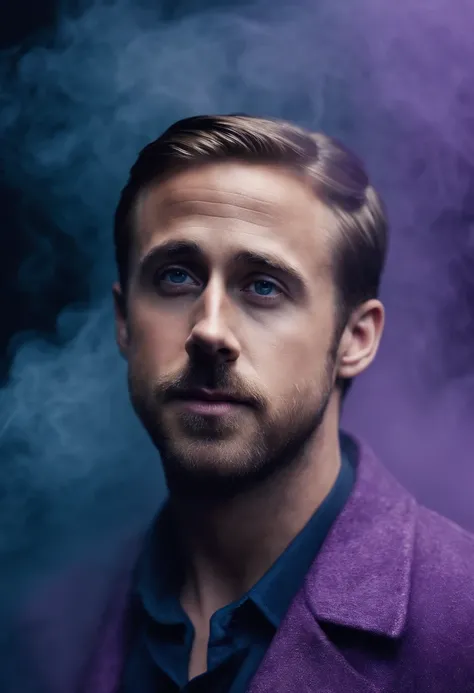 [Ryan Gosling portrait:abstract background:0.5], expressionism, violet tones, mist, smoke, digital art, muted tones, depressive, colorful background