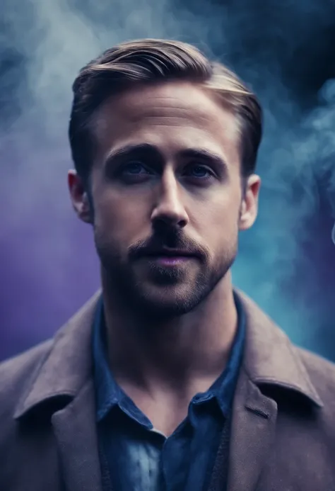 [Ryan Gosling portrait:abstract background:0.5], expressionism, violet tones, mist, smoke, digital art, muted tones, depressive, colorful background