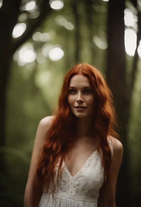 A sensual bohemian young woman smiling white teeth with long red hair loosened with freckles and pers eyes with tribal marks on her face a white lace dress in the forest