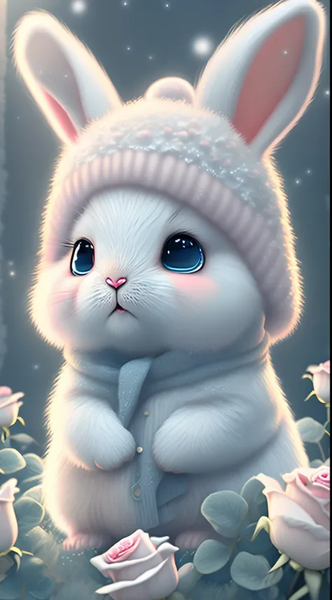 In this ultra-detailed CG art，Cute rabbits surrounded by ethereal roses，Best quality at best，A high resolution，Complicated details，fanciful，cute animal