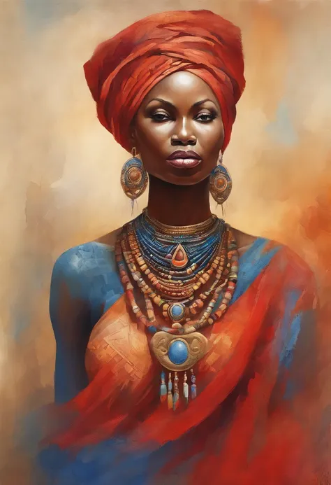 Topless Yansa (female African goddess), stunning face, red and blue clothes, storming and soft wind effects, Paul Klee style, surreal masterpiece, octane rendering, focus, colorful background, detailed, intricate details,rich colors