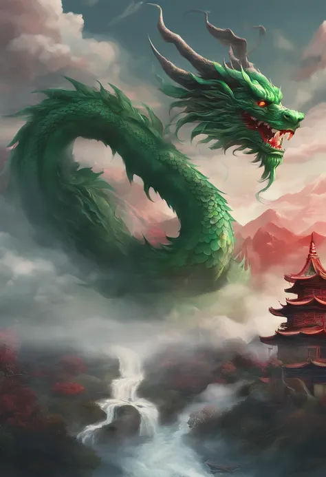 China-style，Chinese mythology，Chinese Green Dragon，tosen，Ferocious，gargantuan，The eyes glow red，Glow effects，surrounded by cloud，Thick clouds，buliding，中景 the scene is，Full body like， highly detailed surreal vfx，oc rendered，