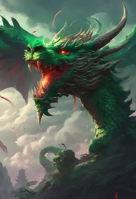 China-style，Chinese mythology，Chinese Green Dragon，tosen，Ferocious，gargantuan，The eyes glow red，Glow effects，surrounded by cloud，Thick clouds，buliding，中景 the scene is，Full body like， highly detailed surreal vfx，oc rendered，