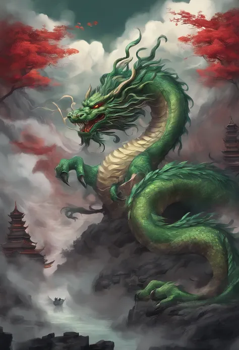 China-style，Chinese mythology，Chinese Green Dragon，tosen，Ferocious，gargantuan，The eyes glow red，Glow effects，surrounded by cloud，Thick clouds，buliding，中景 the scene is，Full body like， highly detailed surreal vfx，oc rendered，