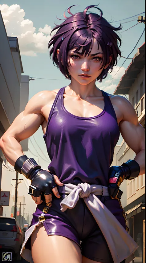 Sexy Muscular Mishima Black and purple Short Haired Bob Cut Lady with Fighter Gloves