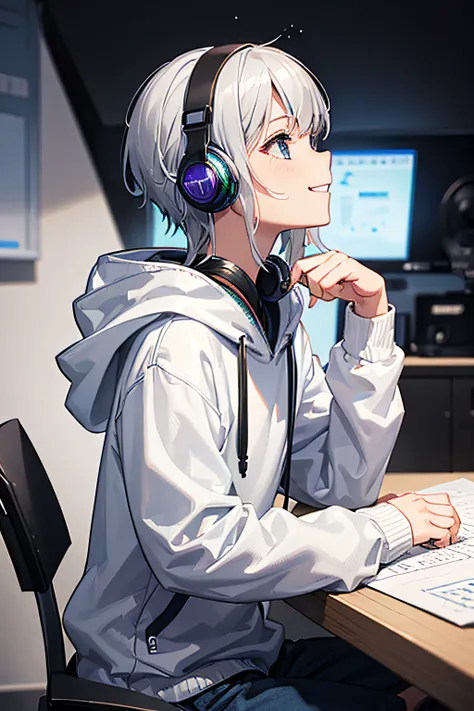 (male child), (Youre on a video call), (profile), (Silver hair), (Medium), Stylish hoodies, headphones, Ultra-detailed, (Realistic), Vivid colors, Studio Lighting,a smile