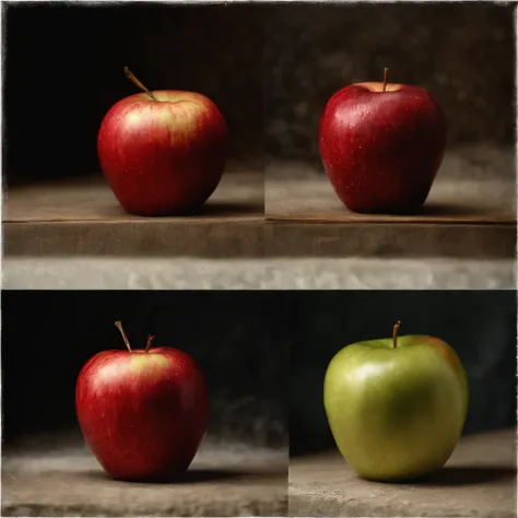 A whole apple (half an apple: 1.2) gradually (Splits: 1.3), Half an apple, eaten by mold, Mold infestation, decay, Two objects of the same shape, The apple rots at one end, 35mm lens, mysterious, Mystical, symbolic, Intricate, Detailed.