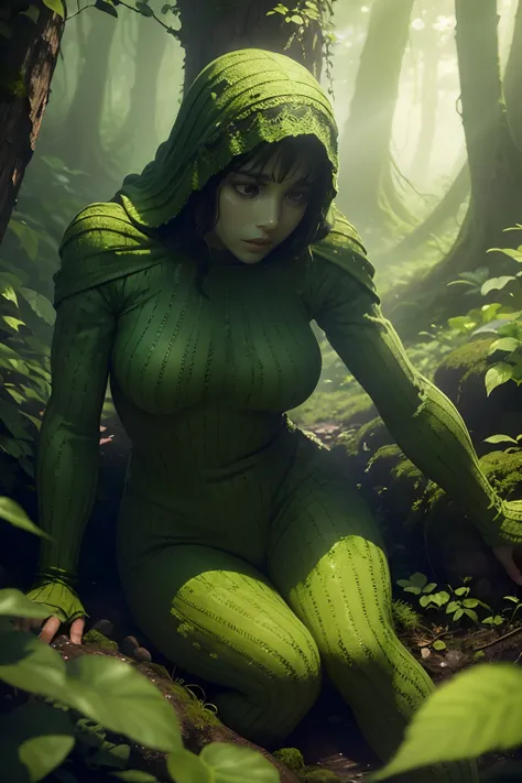 a girl running in The Green Hell,realistic,mossy trees,tall grass,serene atmosphere,sunlight streaming through the leaves,dappled light,ethereal shadows,calm and peaceful,emerald green colors,dense foliage,quiet whispers of nature,misty air,tranquil ambian...