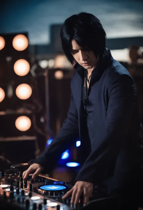 Handsome Sasuke cosplay wearing DJ clothes complete with DJ equipment