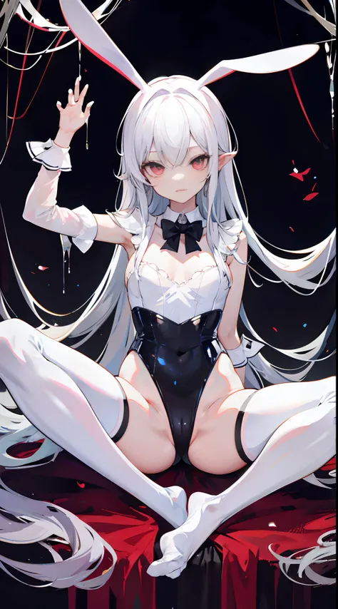 opening legs，Bunny ears，No underwear， the feet，is shy，sitted， Feet，Exposed genitals，clear liquid，Bigchest，transparent panty，soaking wet，Hold your thighs from behind with your hands，Emotive expressions，Ambiguous，taunt，Succubus，Unoccluded，There is no lower l...