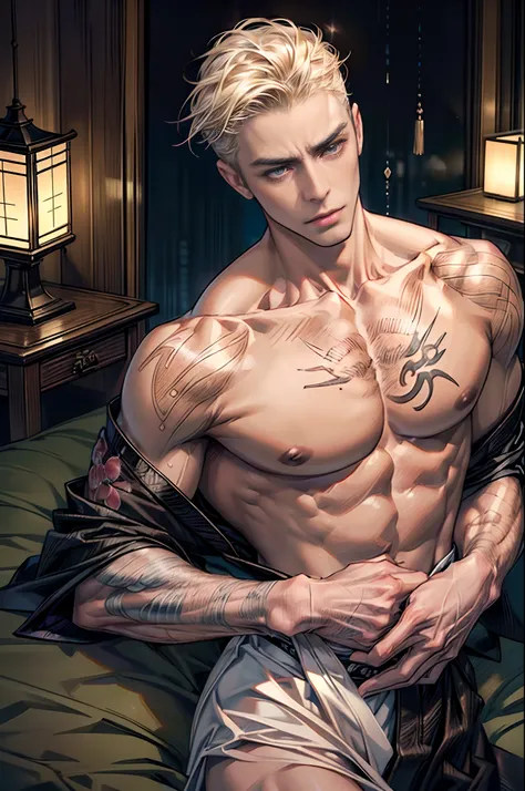 A handsome and strong Japanese yakuza man lies in a Japanese-style room late at night，wearing kimonos，Short blonde hair，Cold white skin，Pale complexion，Long slender figure，He holds a short knife in his right hand，His body is covered with traditional Japane...