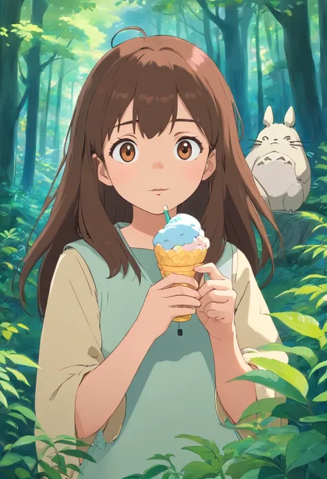 Brown-haired girl in anime, Eating ice cream, In the style of a quiet forest, colorful animation stills, My Neighbor Totoros Worldview,Satsuki, #fbb56f, paul gauguin, Embry style, Honest portrayal