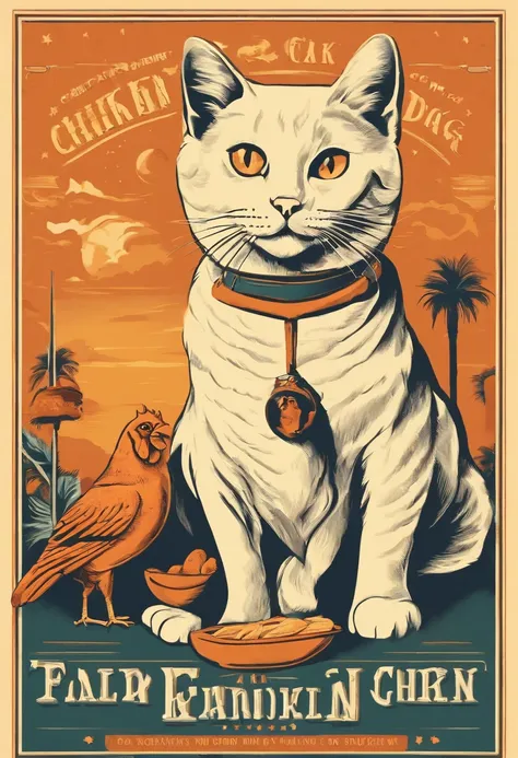 a cat and a dog are eating a chicken, a commercial poster,California vibe,layout,illustration, typesetting, graphic design,risograph::2 printing style, retro style