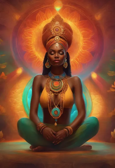 Femme africaine assise en position de lotus tenant la roue chakrai, chakra, Chakra Ajna, Artgerm Julie Bell Beeple, deviantart artstation cgscosiety, Sacred feminine, Jen Bartel, Kundalini Energy, Colorful Artgerm!!!, colorful aura, Sacral chakra, Psychede...