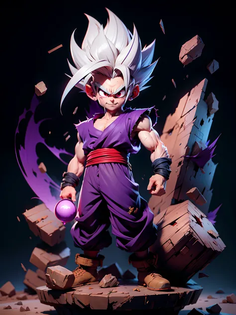 masterpiece, best quality, ultra-detailed, Adult Gohan 1boy, solo, Full body, evil smile, grey hair, spiked hair, (((red eyes))), (((perfect eyes))), (((PURPLE dougi))), full body, looking at viewer, male focus, earth (planet), planet, space, cracked groun...