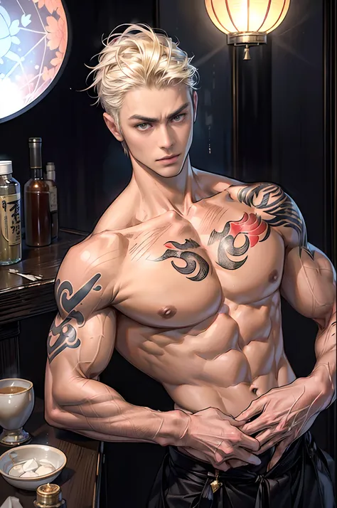 A handsome and strong Japanese yakuza man lies in a Japanese-style room late at night，wearing kimonos，Short blonde hair，Cold white skin，Pale complexion，Long slender figure，He holds a short knife in his right hand，His body is covered with traditional Japane...