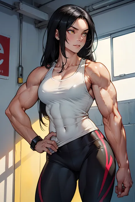 (((((((1 girl))))))), black hair, yellow eyes, very long hair, ((((((muscular)))))), tall, pale skin, ((seductive expression)), tank top, leggings