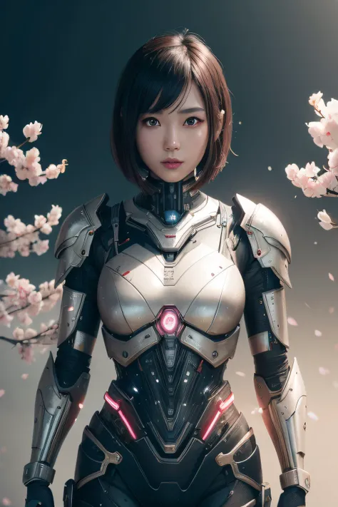 beautiful japanese young woman, wearing cyborg armor, thick symmetrical features, very short hair, background is cherry blossoms, pink aura, red lips, octane render,