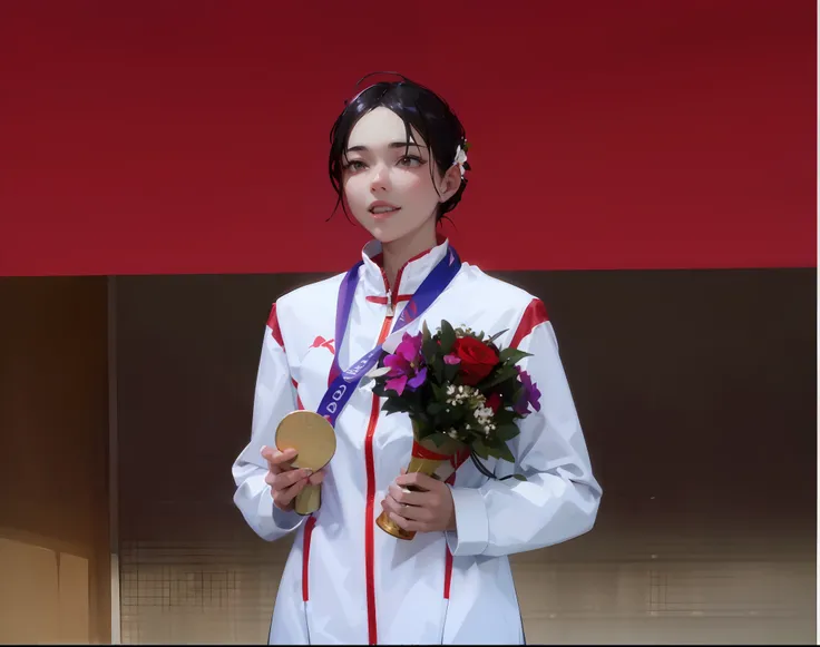 Young woman，wearing white clothes，It has red stripes on it，Wearing a gold medal，Holding flowers，ssmile，Action details，Two-dimensional style，Estilo de Makoto Shinkai