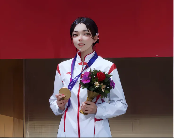 Young woman，wearing white clothes，It has red stripes on it，Wearing a gold medal，Holding flowers，ssmile，Action details，Two-dimensional style，Estilo de Makoto Shinkai