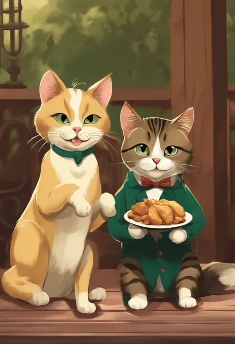 A cat and a dog eating chicken, Happy expression, American cartoon style, vintagestyle, Light yellow and dark green,best qualtiy