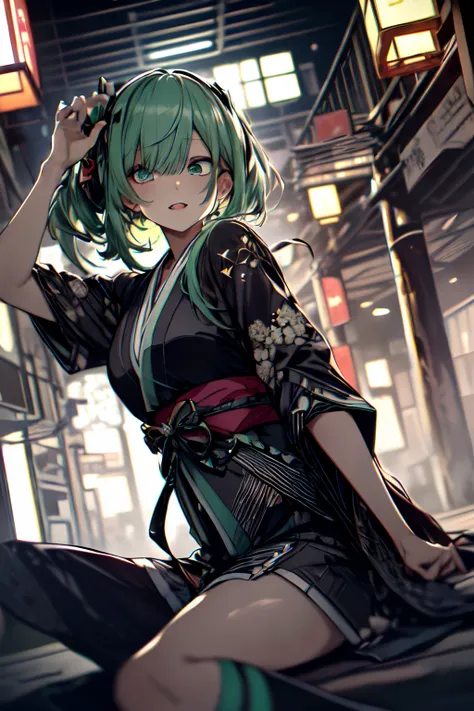 Full body、Japanese dress、Kimono Dresses、long、miku hatsune、Green hair、Twin-tailed、Ahegao ( Silly / Sexual ecstasy)、Cross-eyed、Stranger、View other people、Blunt bangs、 over-kneehighs,Ahegao , Silly,Sexual ecstasy,Drunken eyes,Blunt bangs, Green hair,(masutepi...