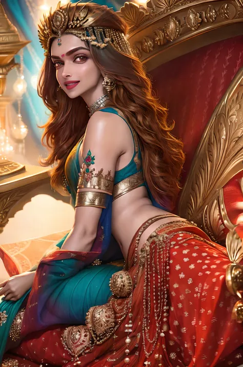 indian actress deepika padukone wearing a vibrant saree lying in bed seductively, smiling