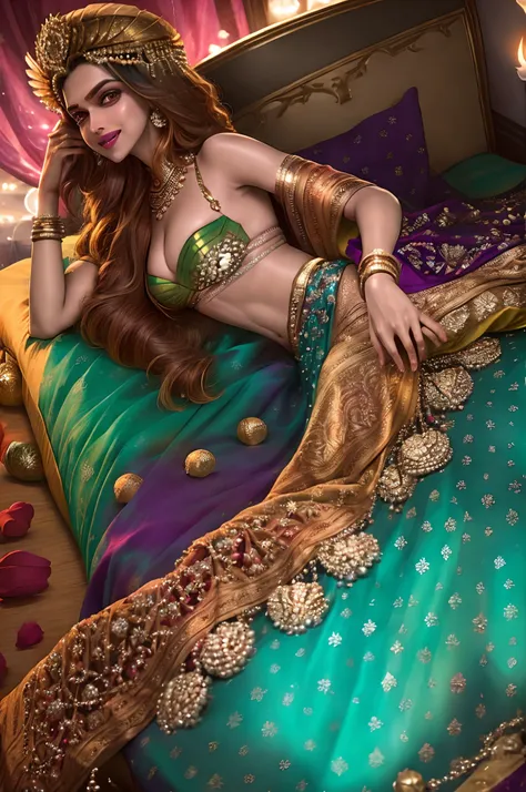 Indian actress Deepika Padukone wearing a vibrant saree lying in bed seductively, smiling