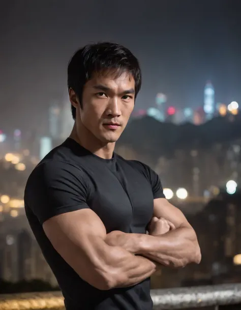 face focus shot, 1 man, solo, Bruce Lee as Batman, tall, hunk, muscular, bulk, wide shoulder, photorealism, smirking face, crossed arms, (leaning onto a wall), dark dirty grey suit, dark grey arms, ((no mask)), mask off, 
black hair, black gloves, best qua...