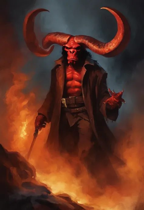 (best quality,highres),hellboy,dark,detailed,portrait,red face,fiery eyes,horns on forehead,trench coat,cigarette smoke,badass,villain,comic book style,vivid colors,demonic,underworld setting,ominous lighting,menacing expression,scarred skin,tattoos,pierci...