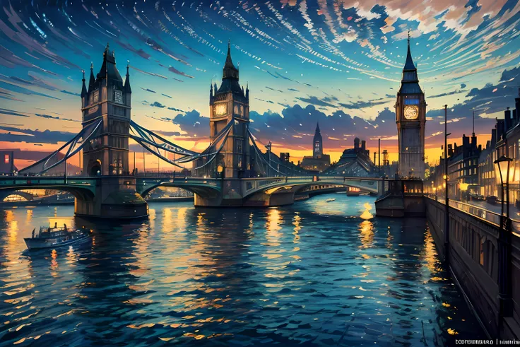 (Masterpiece), (Best Quality), (Ultra-detailed), Artistic painting, hyperrealism, Impressionism, dreamlike atmosphere,  In a delicate blend of surrealism and impressionism, An iconic landmark of London emerges as a whimsical dreamscape., The citys historic...