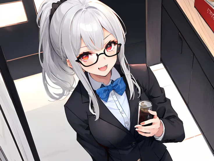 Best Quality,masutepiece,hight resolution,Beautiful eyes,High angle,BREAK,(1 girl, Solo:1.5), (Casual Suit,Blazer,Black:1.5),White skin,Fang teeth,Red Eye, Silver hair,Ponytail,Glasses,[Smile],Office