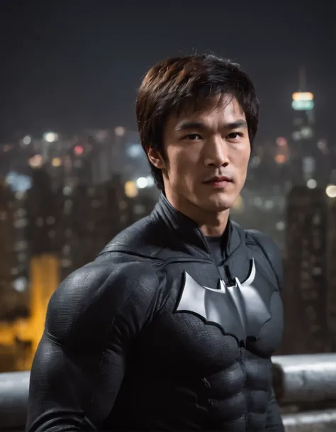 face focus shot, 1 man, solo, Bruce Lee as Batman, tall, hunk, muscular, bulk, wide shoulder, photorealism, smirking face, crossed arms, (leaning onto a wall), dark dirty grey suit, dark grey arms, ((no mask)), mask off, 
black hair, black gloves, best qua...