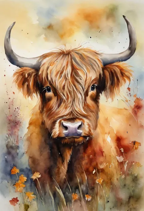 Little Highland cattle，Cubs，There are autumn flowers on the head，up front view，Small Highland Bullhead，bust，Ink color art，plethora of colors