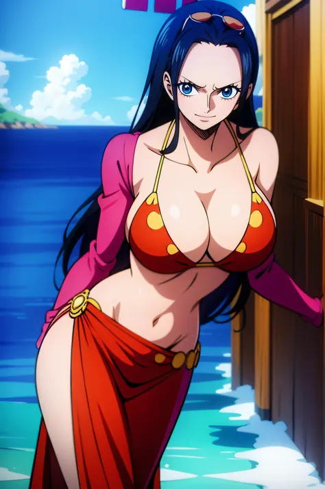 Robin de One Piece, sexy pose, What if , Elly, Red sari, 8k, anime, Shore, Big Boob, large ass, Looks sexy perfect quality eyes blue eyes standing blue bikini