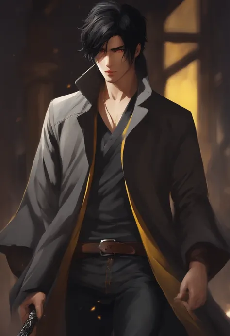 illustration, anime, black hair, man, long black jacket, grey t-shirt, brown denim jeans, katana, yellow eyes.