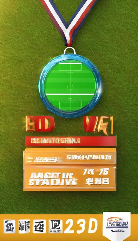 Glass round medal。  Acrylic material。Place vertically on the grass in the middle of the stadium on the runway。Athletics field。Sense of space