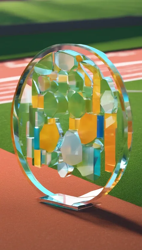 Glass round medal。  Acrylic material。Place vertically on the grass in the middle of the stadium on the runway。Athletics field。Sense of space