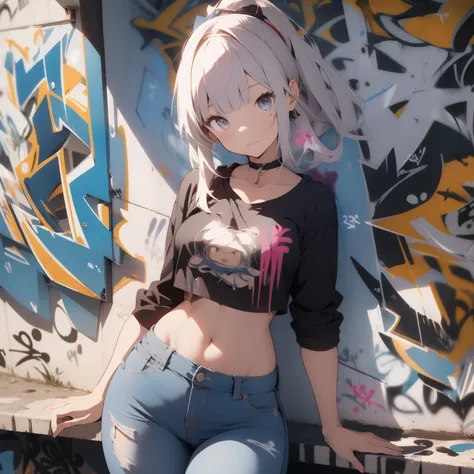 kamisato ayaka|genshin impact, master-piece, bestquality, 1girls,25 years old, proportional body, elongated legs, Beautiful, proportional., crop top, Long Jeans, mediuml breasts, ,bara, crop top, choker, (Graffiti:1.5), Splash with purple lightning pattern...