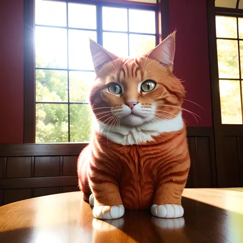 red Cat, super red color, (fat), chubby Face, super fat body, Front paws out, 8K, Professional photo, Delicate, Clear, On the table, Inside the house, Sunshine, Light Leak, Masterpiece, ((Pretty))), (Reality), Plush Toy, Round Pupils, walk, hyper realistic...