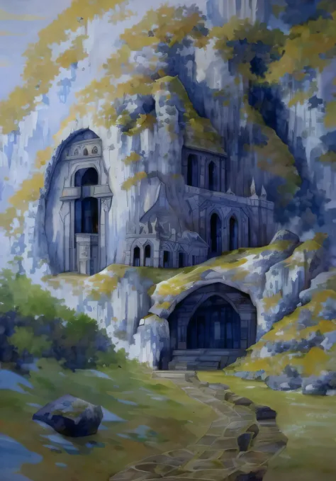 There is a painting of a dwarf fortress at the base of the mountain mountain in the background, Rivendell, elven palace of ghemathar, minas tirith, epic rivendell fantasy, cidade fortaleza da montanha, dwarven architecture, scene where she is in rivendell,...