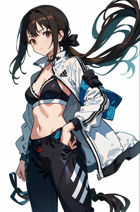 (masterpiece, best quality) detailed, 1man, clothing is a mix of sword art online clothing and a adidas jumpsuit  , ((white background)) , A beautiful mature woman , dark brown hair , extremely long hair , hair in a ponytail , brown eyes ,  age 41 , half z...