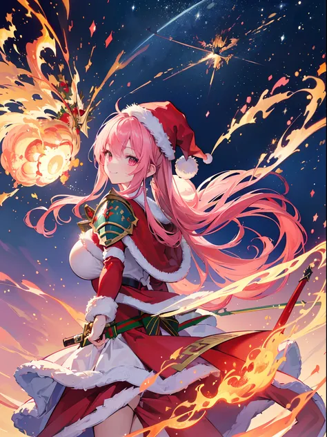 (Best Quality, masterpiece:1.3), Illustrations, Anime, Very high resolution, large filesize, full color, Beautiful detailed glow, Front light, 1girl, Solo, Christmas, (santa hat), ((Santa costume|Knight armor:1.3)), (gigantic swords:1.2), Christmas Decorat...