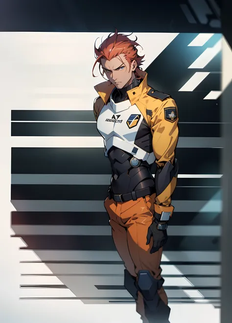 A man with short red-gold hair, hair slicked back, thick and disheveled hair, a cold and ruthless gaze, a confident expression, wears a two-piece futuristic military-style uniform, primarily in shades of white and red, accented by touches of yellow, stream...