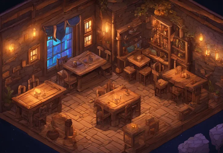 fantasy tavern interior, space tavern, rustic, artifacts on the walls, showcase artifacts, tavern patrons, dark tavern, space outside windows, space theme, ((silvery space flora, space flora)), space background, night time outside, fireplace, hearth, rainb...