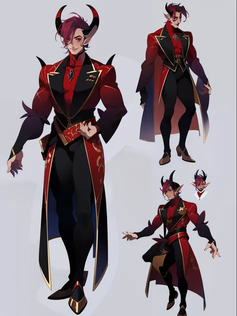 ((1male)) character concept adopt ,handsome , tiefling, horns, red skin, make-up., fullbody