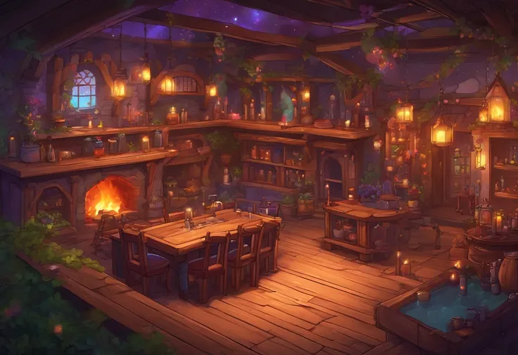 fantasy tavern interior, space tavern, rustic, artifacts on the walls, showcase artifacts, tavern patrons, dark tavern, space outside windows, space theme, ((silvery space flora, space flora)), space background, night time outside, fireplace, hearth, (((ra...