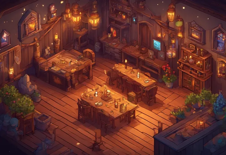 fantasy tavern interior, space tavern, rustic, artifacts on the walls, showcase artifacts, tavern patrons, dark tavern, space outside windows, space theme, ((silvery space flora, space flora)), space background, night time outside, fireplace, hearth, (((ra...